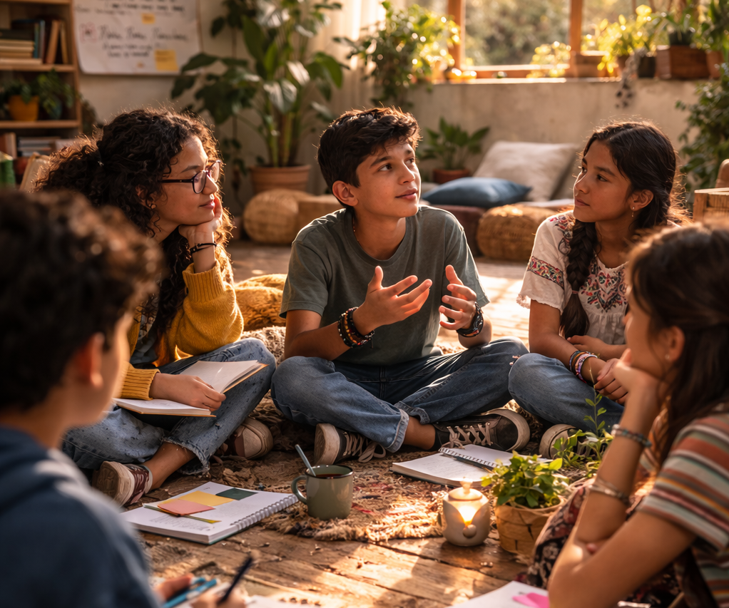 Tres adolescentes sentados en círculo sobre una alfombra en una habitación cálida y soleada en México. Un joven habla con gestos expresivos mientras sus compañeros escuchan con atención. Hay libros abiertos en el suelo y una ventana con luz natural al fondo, creando una atmósfera de reflexión y diálogo íntimo.