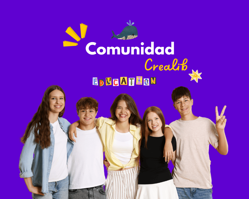 Grupo de cinco adolescentes sonriendo y abrazados frente a fondo morado con el título Comunidad Crealib Educación alternativa para adolescentes