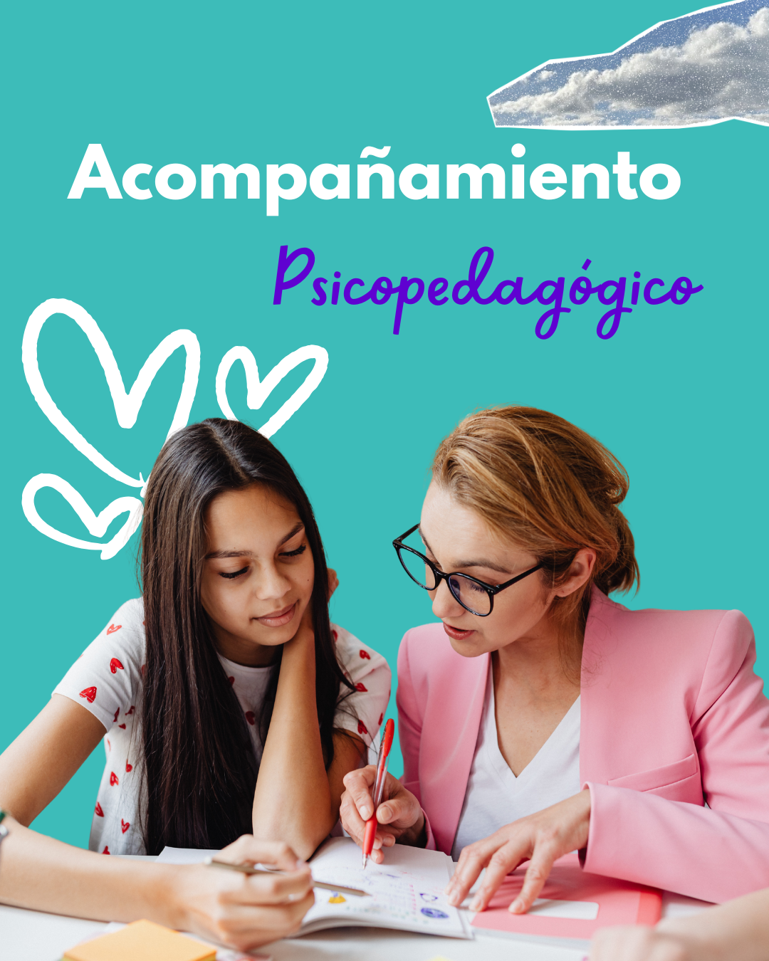 Una mujer con lentes y chaqueta rosa orienta a una joven mientras escriben en un cuaderno sobre un fondo color turquesa con ilustraciones de corazones y nubes.