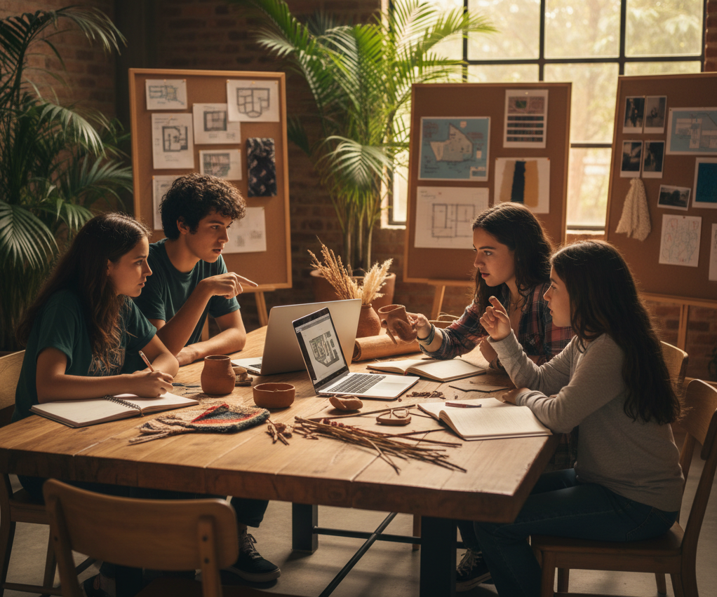 Cuatro adolescentes sentados alrededor de una mesa de madera en un estudio luminoso con plantas, ladrillo visto y grandes ventanales. Están colaborando en un proyecto, mirando una laptop, dibujando en cuadernos y debatiendo ideas, con tableros visuales de diseño al fondo. El ambiente es creativo y enfocado.