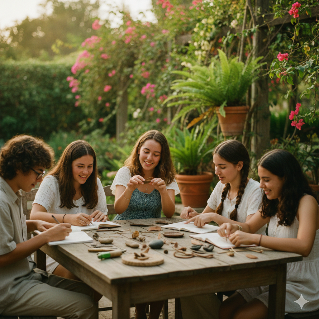 adolecentes, en un parque colaborando juntos en un proyecto