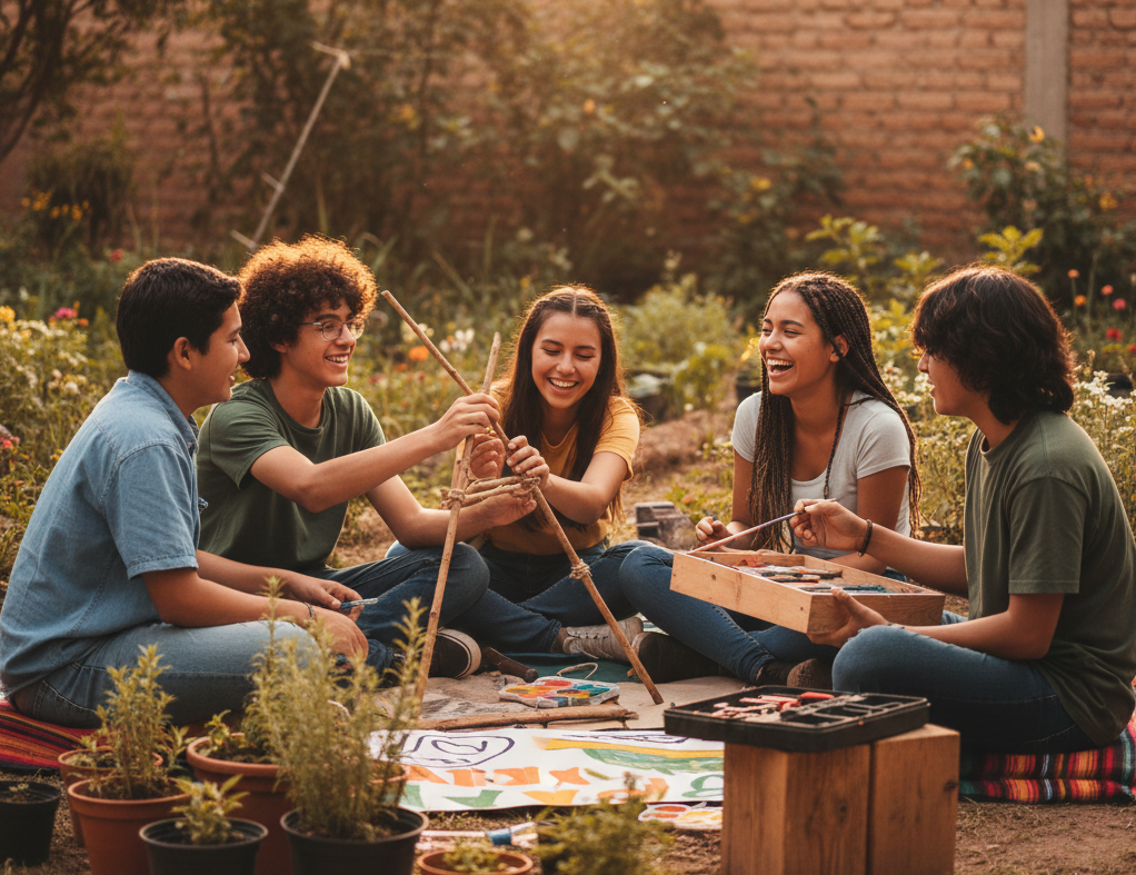 Cinco adolescentes diversos sentados en círculo en un huerto comunitario en México durante el atardecer. Se ríen y colaboran en un proyecto artístico con pinturas y estructuras de madera sobre el césped, rodeados de vegetación y luz dorada.