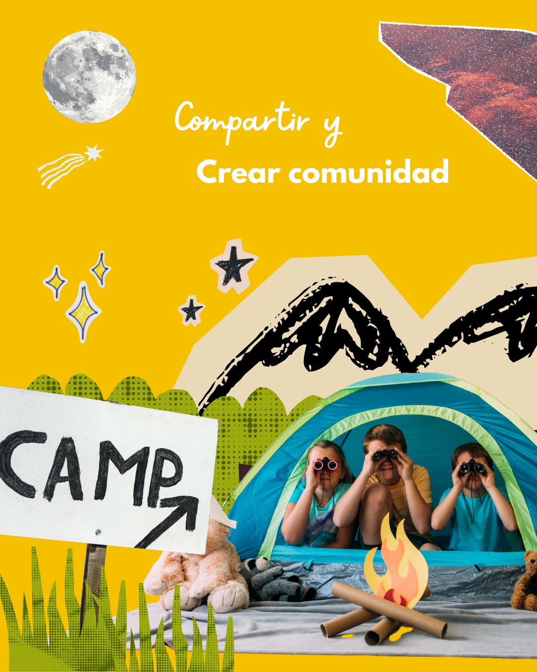 Tres niños dentro de una tienda de campaña mirando con binoculares; fondo amarillo con el texto “Compartir y crear comunidad” y elementos ilustrados de naturaleza.