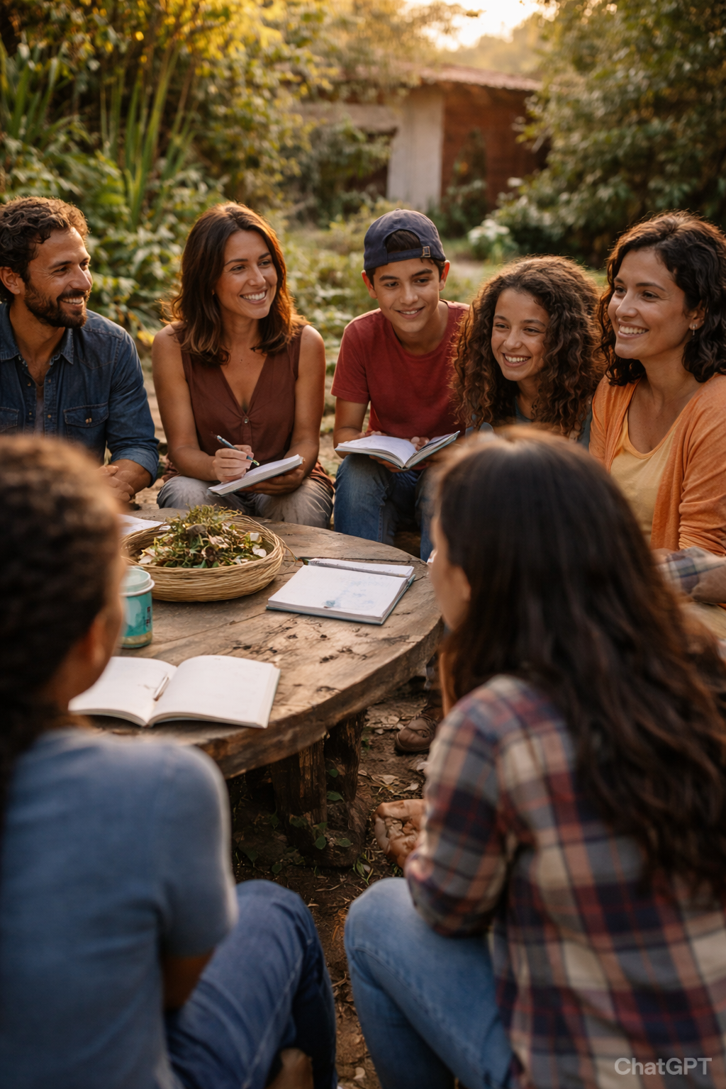 Padres, adolescentes y facilitador conversando en círculo en un jardín durante un encuentro comunitario.