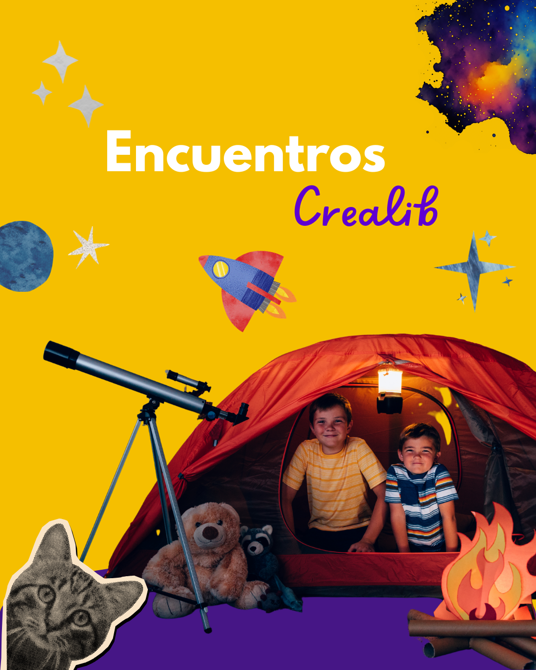 Dos niños sonríen dentro de una tienda de campaña roja en una composición temática espacial con un telescopio, una fogata de papel y un fondo amarillo con planetas y estrellas. Con titulo de Encuentros Crealib