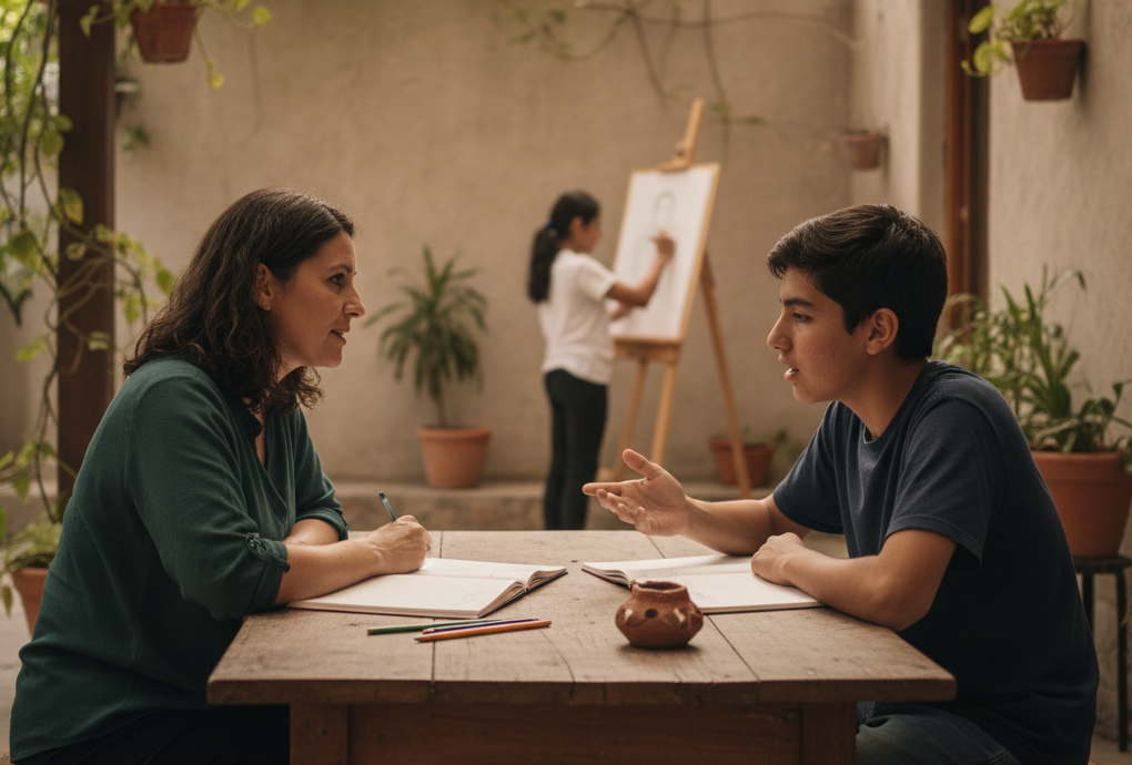 Una facilitadora adulta escucha atentamente a un adolescente mientras conversan sentados frente a frente en una mesa de madera. Ambos tienen cuadernos abiertos en un patio minimalista con plantas. Al fondo, se ve a otra joven trabajando en un caballete de arte bajo luz natural suave.