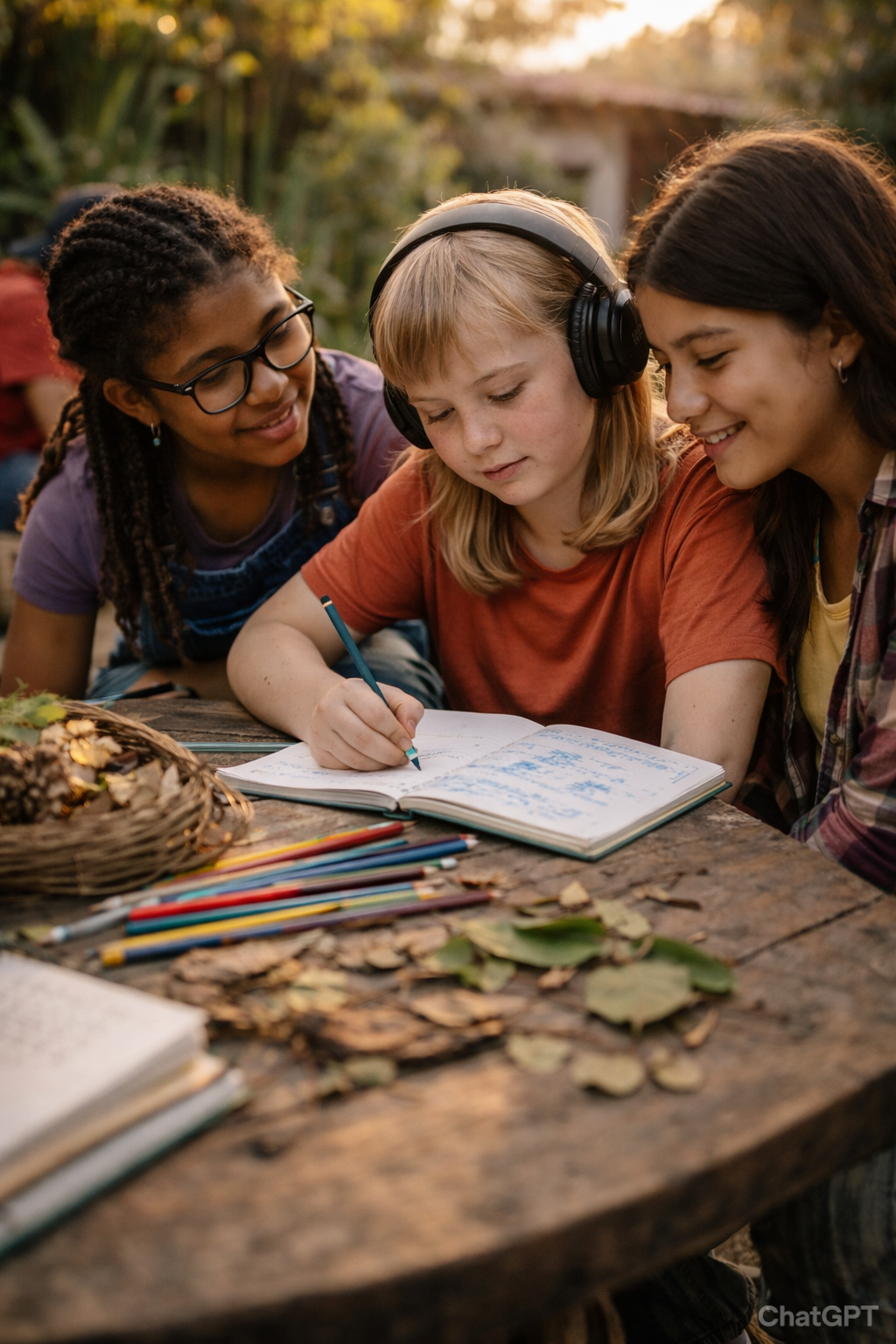 Adolescente aprendiendo acompañada por sus amigas en un espacio libre y creativo al aire libre.