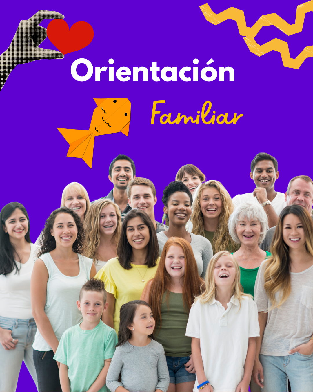 Grupo diverso de madres, padres y niños sonriendo frente a fondo morado con el título Orientación Familiar Crealib.