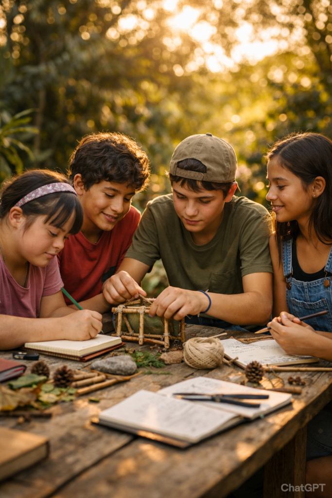 Cuatro adolescentes colaborando en un proyecto práctico con materiales naturales sobre una mesa de madera en un jardín en México durante la hora dorada.