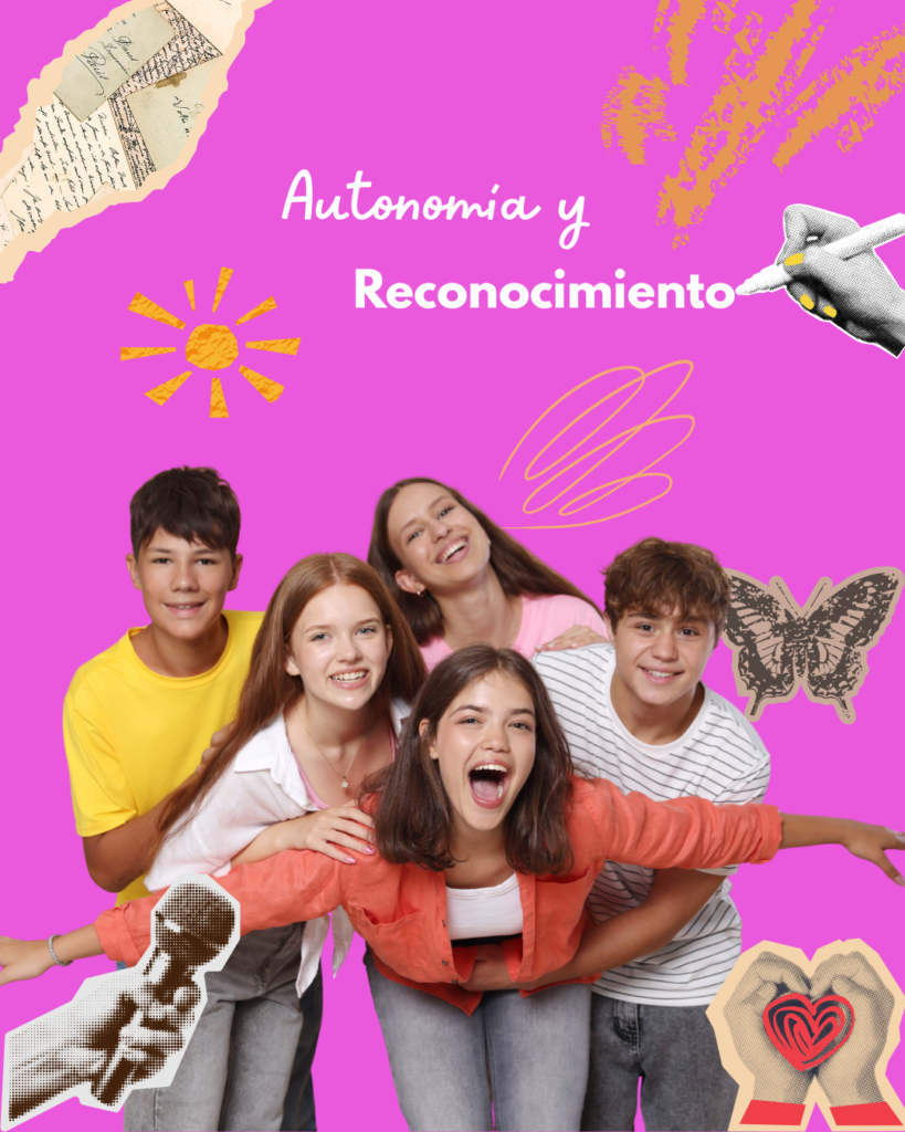 Talleres educativos para adolescentes, sobre autonomía y reconocimiento, en el fotografía hay 4 adolescentes con sonrisas divertidas y un fondo rosa que dice autonomía y reconocimiento